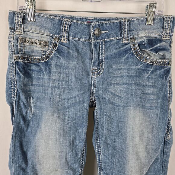 Rock and Roll Cowgirl Jeans Women's 29 x 32 ** Blue Low Rise Boot Cut Distressed - Picture 2 of 16